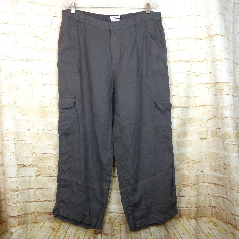 Nicole Miller Linen Cargo Pants Womens XL (35x25) Gray Wide Leg Cropped Utility